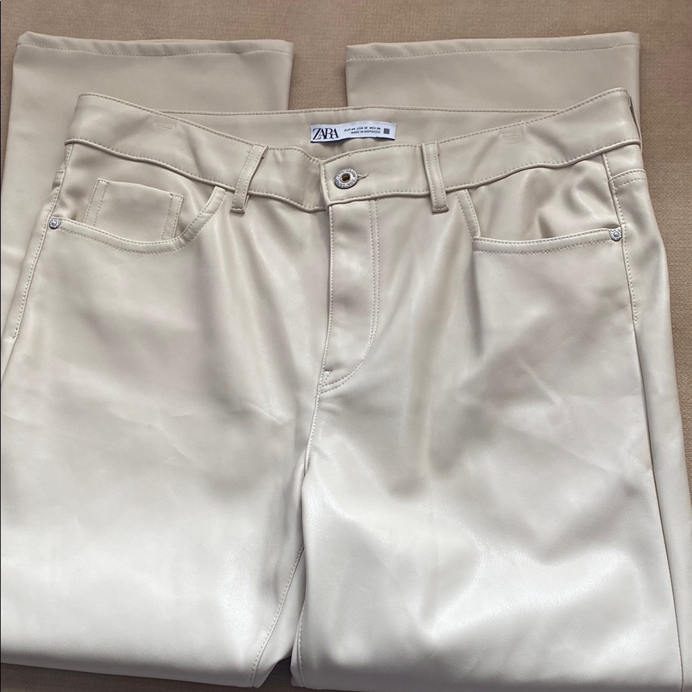 Zara Cream Faux Leather Pants with Textured Finish
